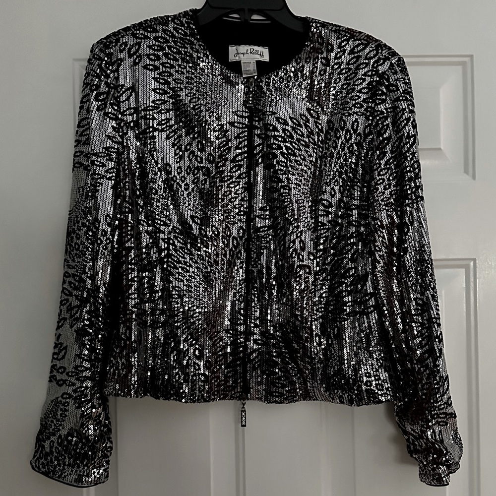 Joseph Ribkoff size 14 jacket Black, maroon, silver sequins.